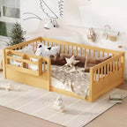 Letto a terra per bambini Bellemave con recinzione rialzata e libreria, struttura letto matrimoniale in legno Montessori per bambine e bambini