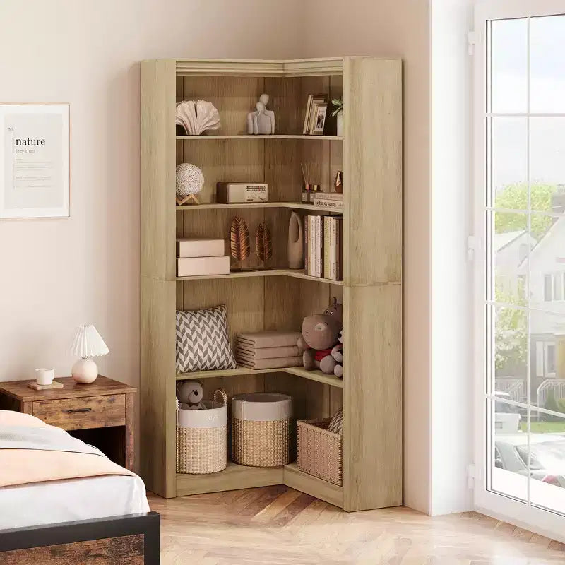 Libreria angolare a 5 ripiani a forma di L, in stile retrò, Bianco/Nero/Legno, singola