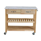 Carrello da Cucina su Ruote con Piano in Marmo, Isola da Cucina in Legno Massello con 2 Cassetti, Carrello da Cucina a 3 Livelli con Ruote Staccabili Bloccabili e Portasciugamani