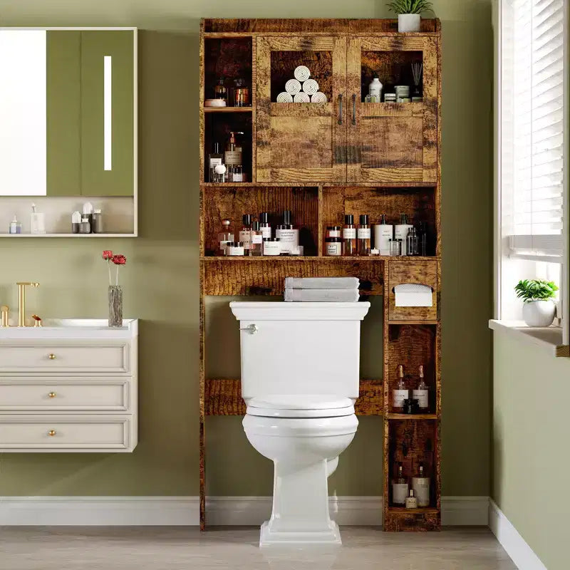 Mobiletto salvaspazio sopra il WC - Organizer e mobiletto da bagno in stile rustico da 67,4 H con ripiano regolabile e anta in vetro per bagno, lavanderia
