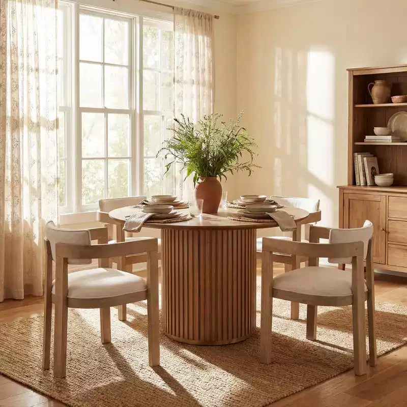 Christopher Knight Home Shankar, set da pranzo moderno da 5 pezzi con tavolo rotondo e sedie imbottite in legno di caucciù