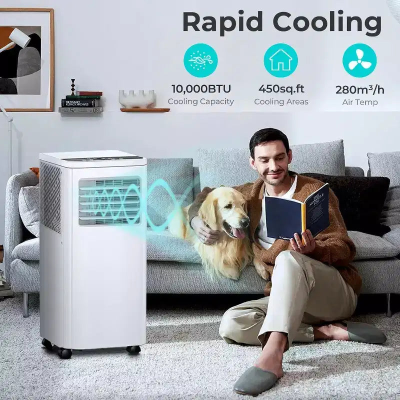 Condizionatore Portatile da 8.000 BTU, Unità 3-in-1 con 4 Modalità, Timer, Display LED, Telecomando e Kit di Installazione, per Camera da Letto/Soggiorno/Ufficio, Bianco.