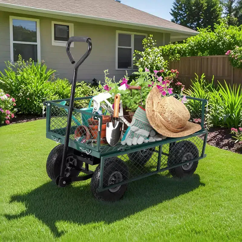 Carrello da Giardino in Acciaio Pesante, 227 kg, Carrello Pieghevole con Sponde in Rete Rimovibili e Rivestimento, Pneumatici da 10 Pollici, Maniglia di Trazione