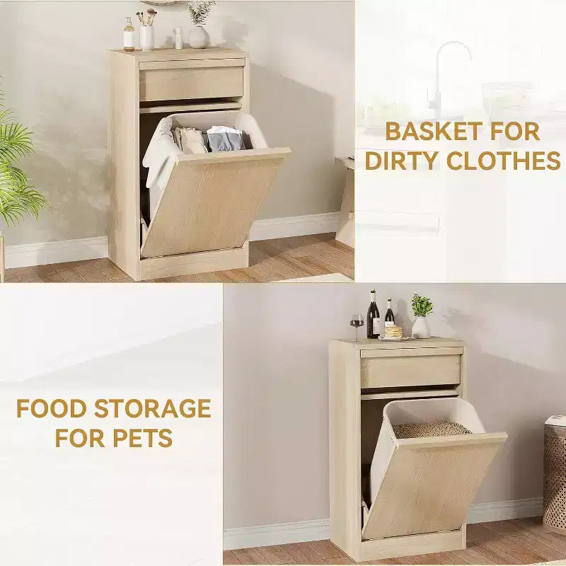 Pattumiera Inclinabile, Rovere Naturale, Pattumiera con Contenitore e Cassetto, Cestino Nascosto, Cesto Portabiancheria per Cucina, Sala da Pranzo, Soggiorno