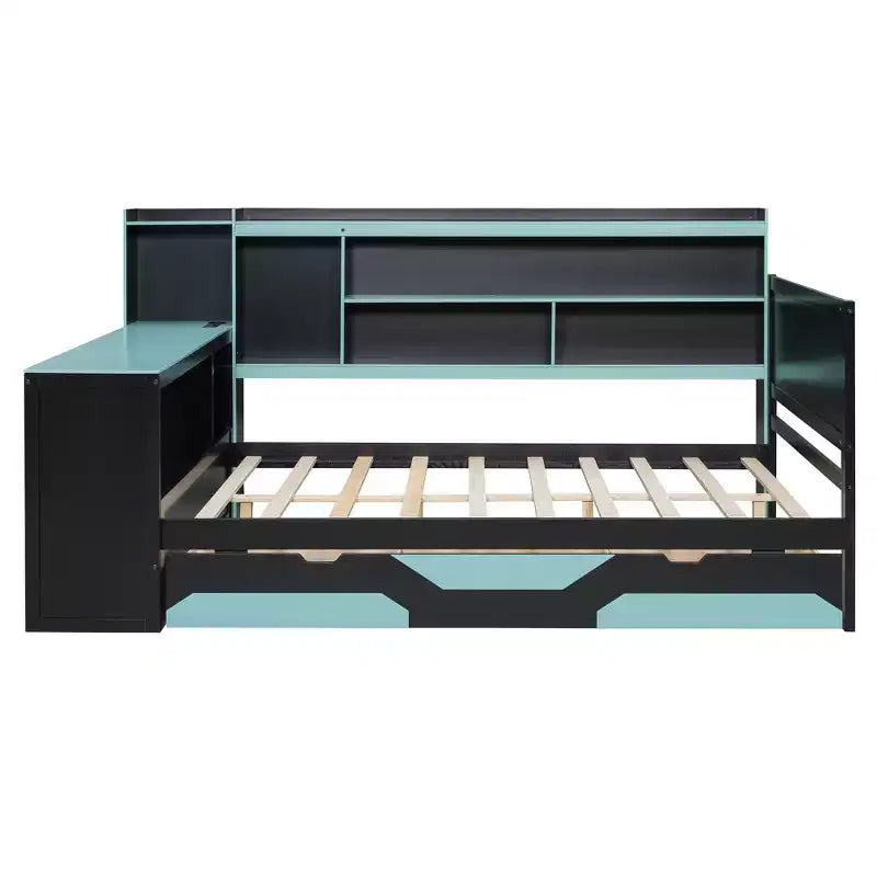 Daybed da gioco completo/queen size con testiera libreria, luci LED, scrivania integrata, cassetti e stazione di ricarica
