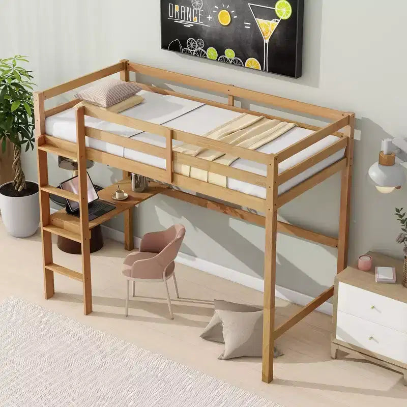 Letto a soppalco Okak Minimalism con scaletta, letto a soppalco singolo in legno di gomma con spondina di sicurezza e scrivania integrata, telai per letti per bambini, ragazzi